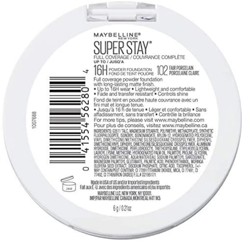 Maybelline Superstay Full Coverage Powder Foundation Shade: 102 Fair Porcel